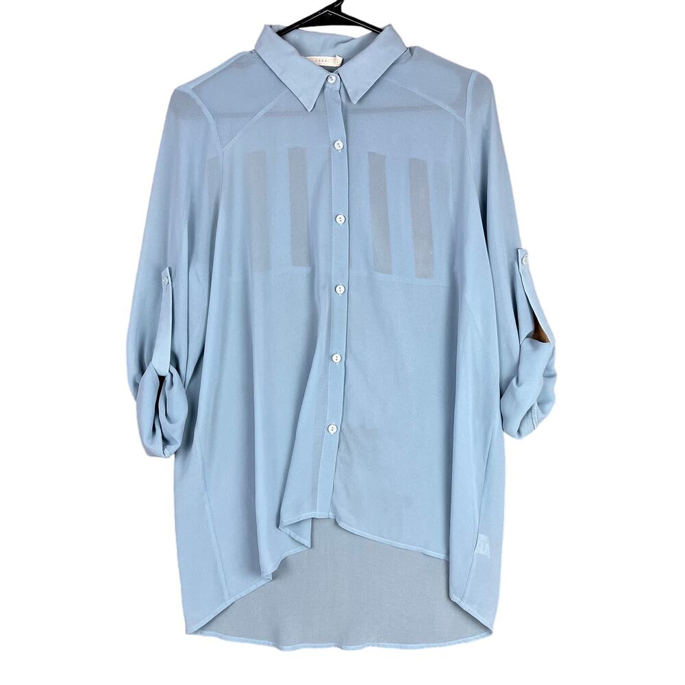 Lush Womens Tunic Baby Blue Sheer Button Down Roll Tab Open Back Medium